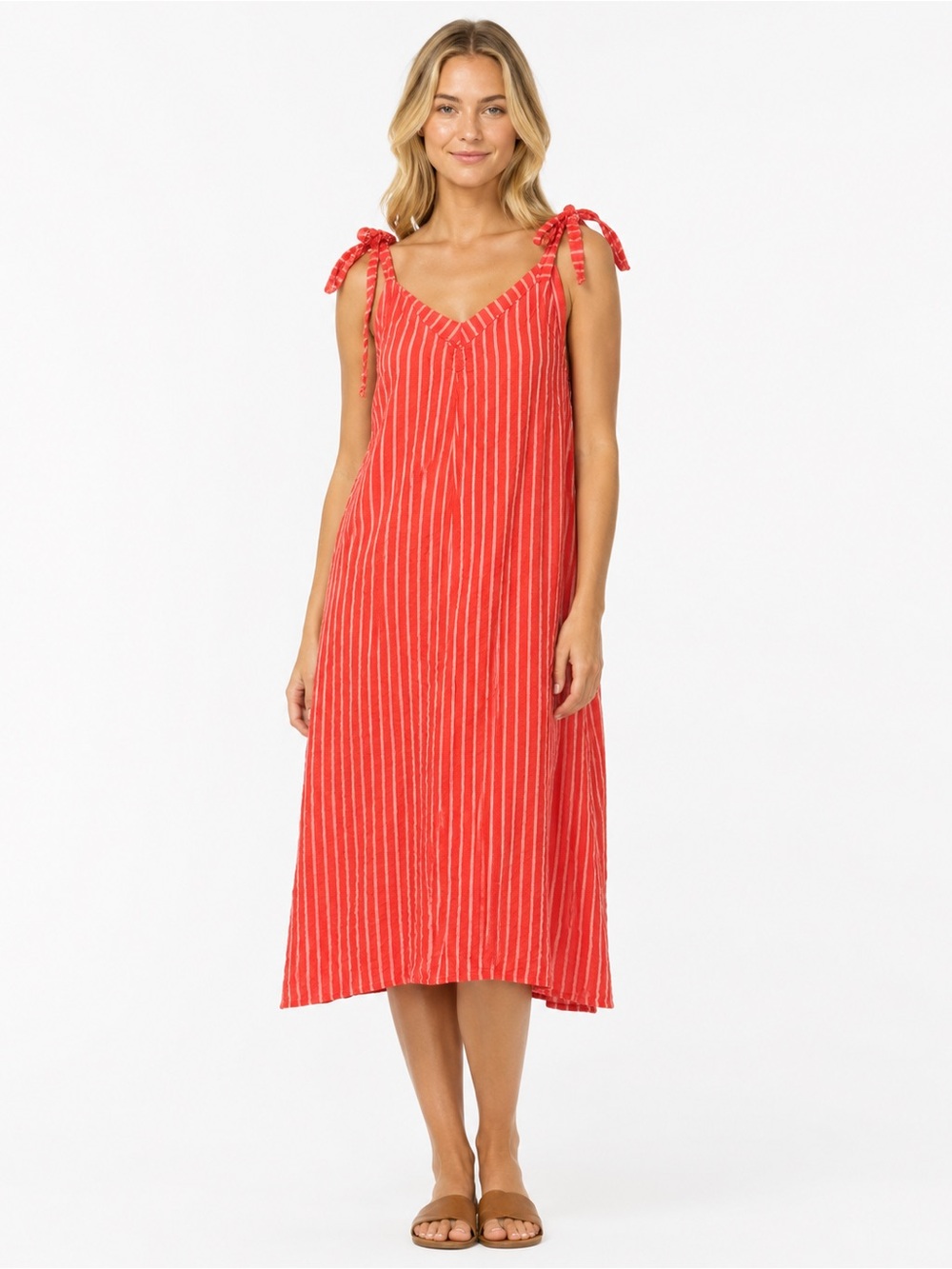 Italian 100% Linen Tie-Shoulder Red Stripe Midi Dress